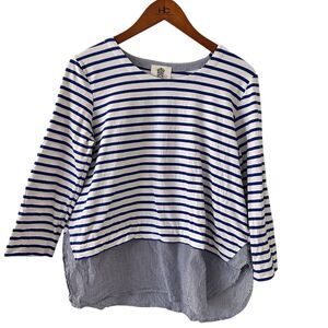 Lily’s Closet Blue & White Striped 3/4 Sleeve Boxy Jersey Cotton Blouse Size M